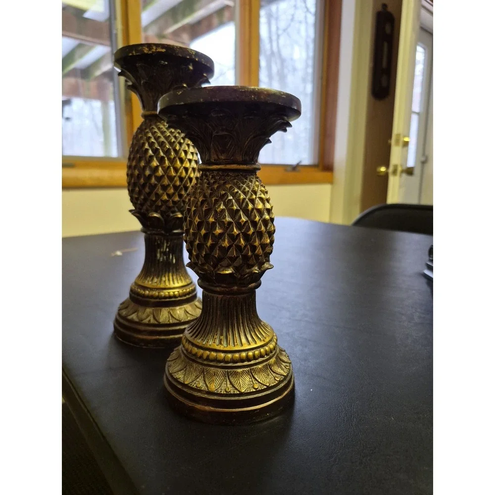 Vintage Style Bronze Pineapple Candle‎ Holder Set of 2 Graduated Heights 10